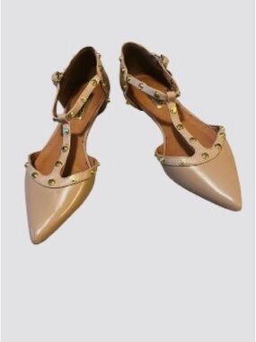Halogen Blush Nude Pointed-Toe Maryjane T-Strap Flats with Gold Studs Sz 5.5